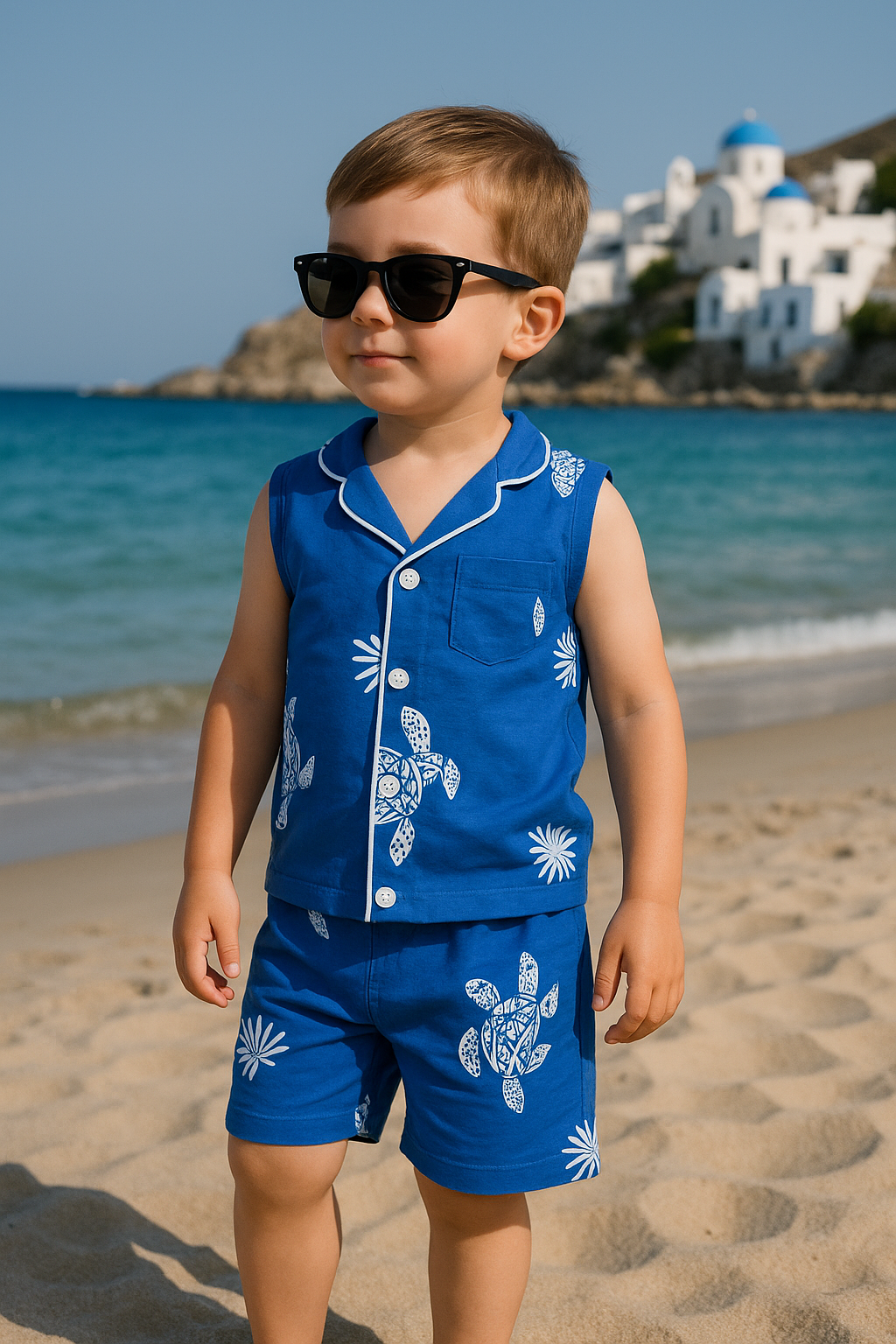 Royal blue tortoise sando button suits