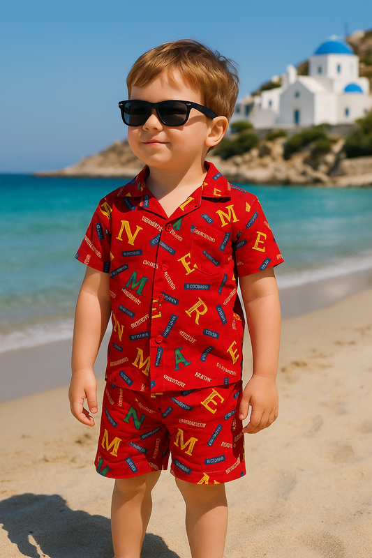 Red alphabets soft linen suit