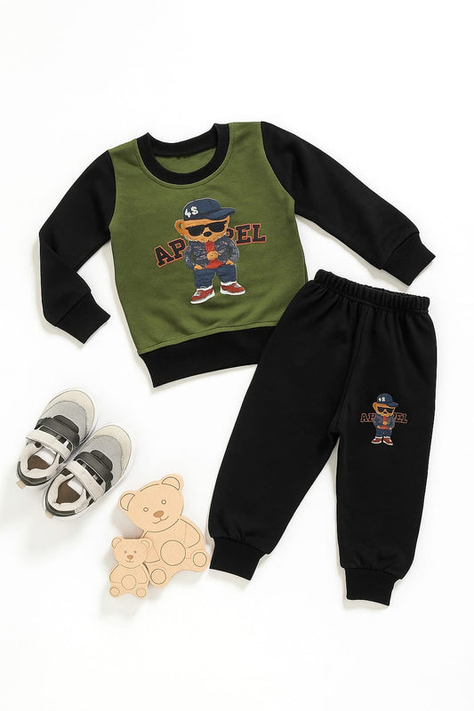 Black & green print kids track suit