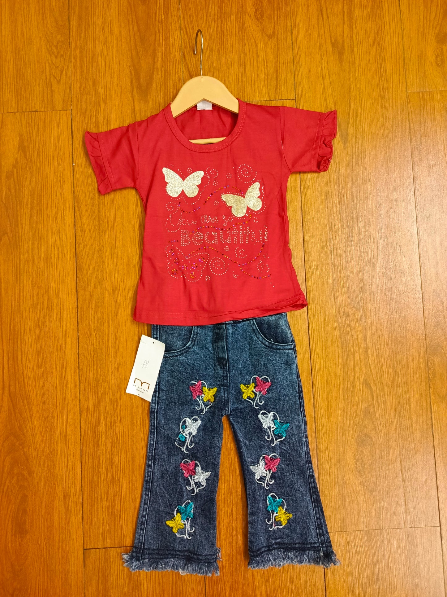 Red butterfly denim suit