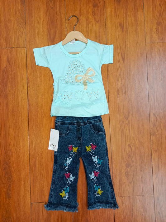 Sea green wow bow baby denim suit