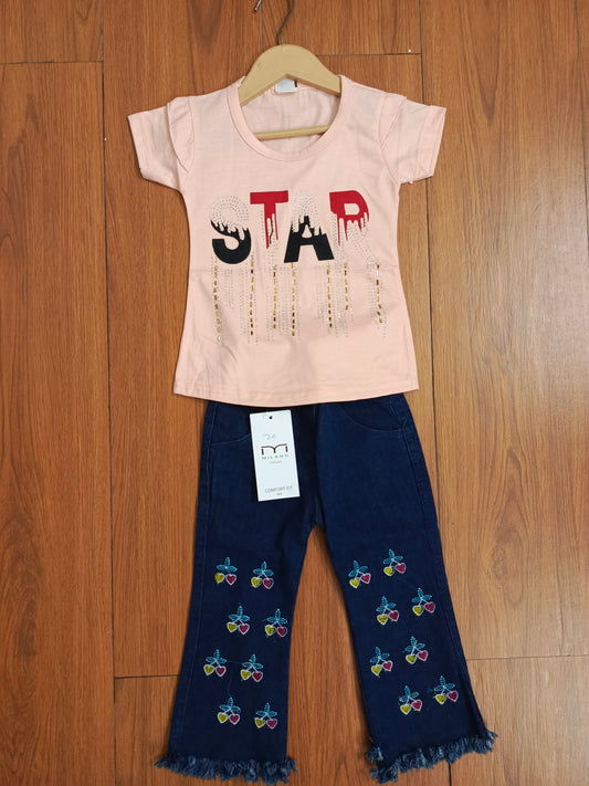 Peach star baby denim suit