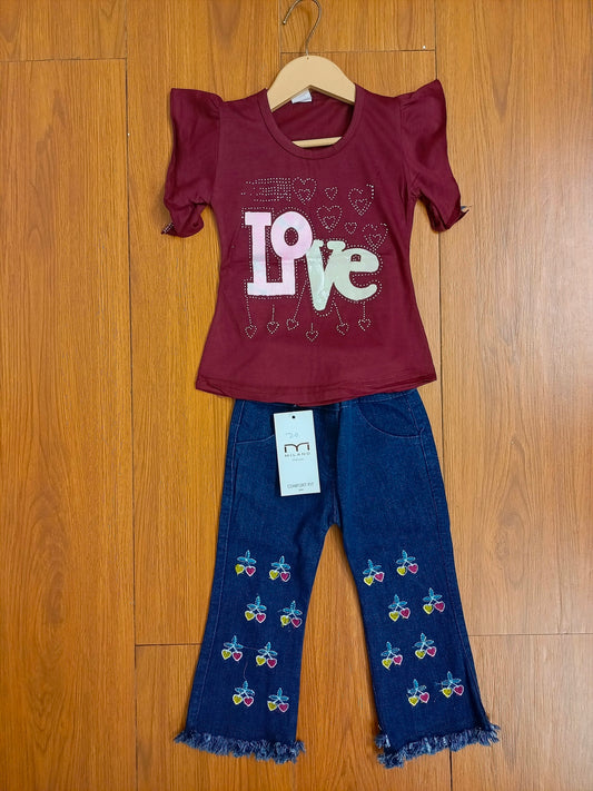 Maroon love baby denim suit