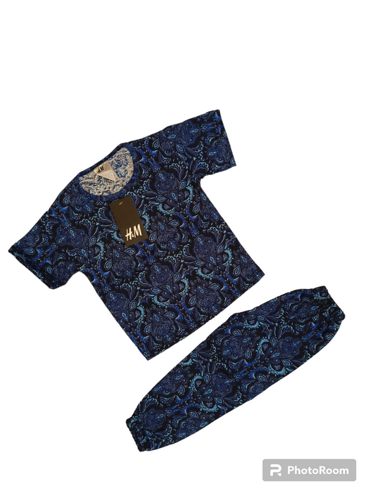 Blue mini floral half sleeves suit