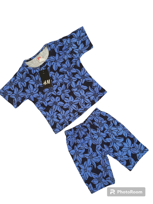 Mid blue flower shorts suit