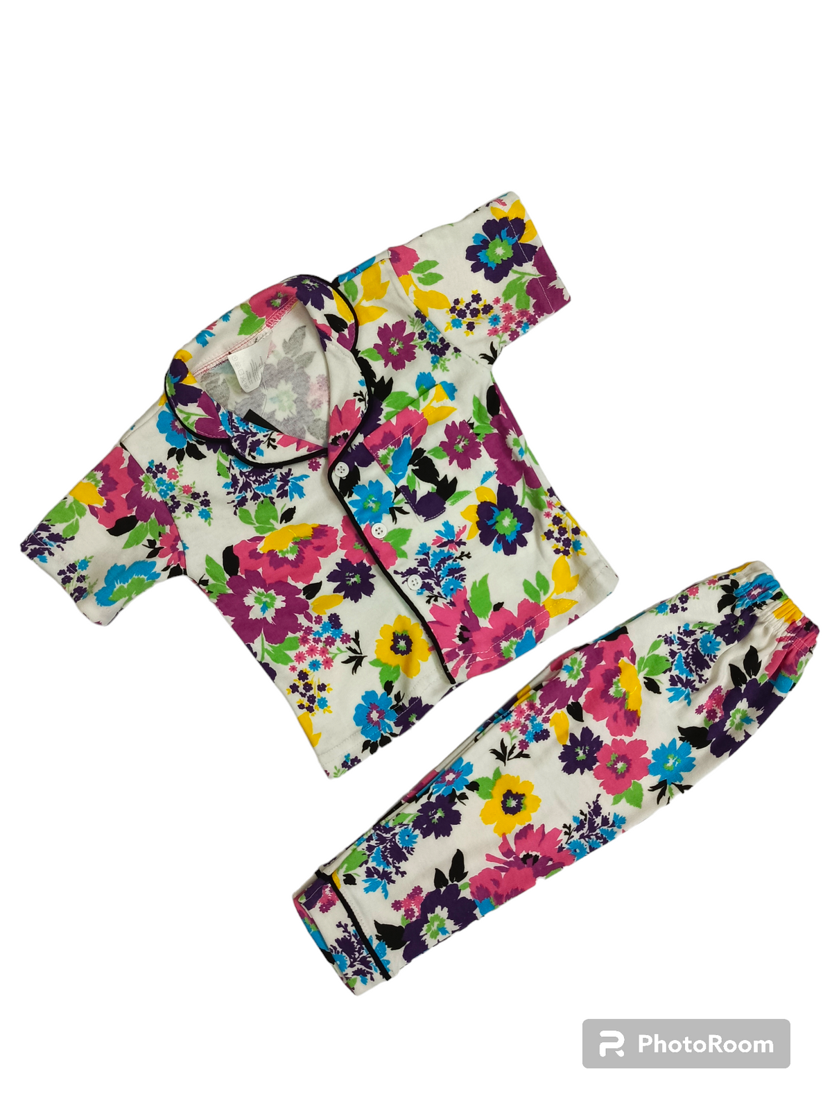 White multi floral half sleeves pajama suit