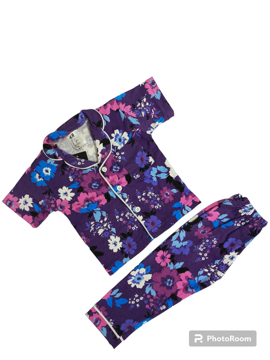 Purple multi floral half sleeves pajama suit