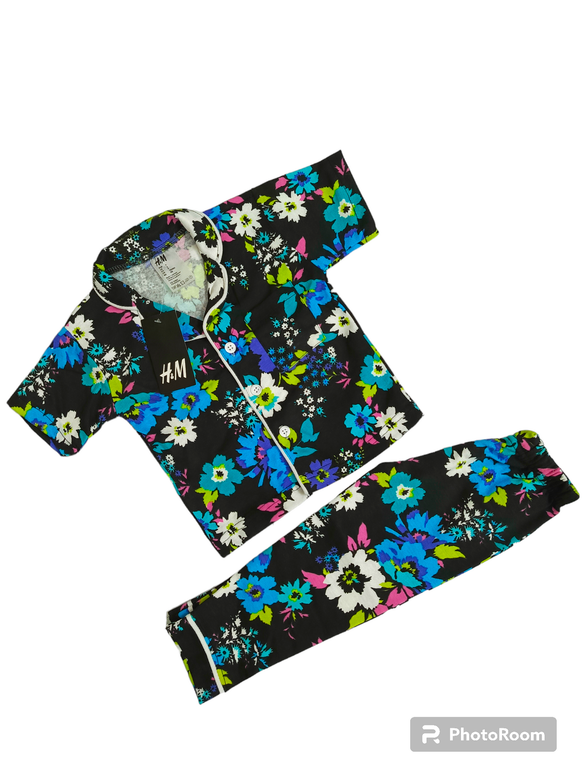 Black floral print half sleeves pajama suit