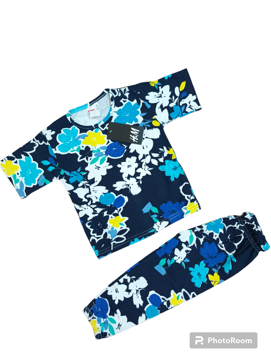 Navy blue mix flower half sleeves suit