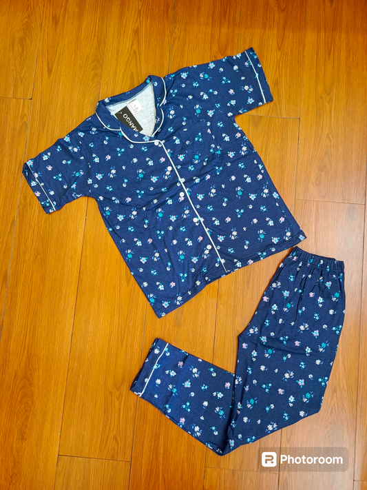 Navy Blue floral ladies pjs half sleeves