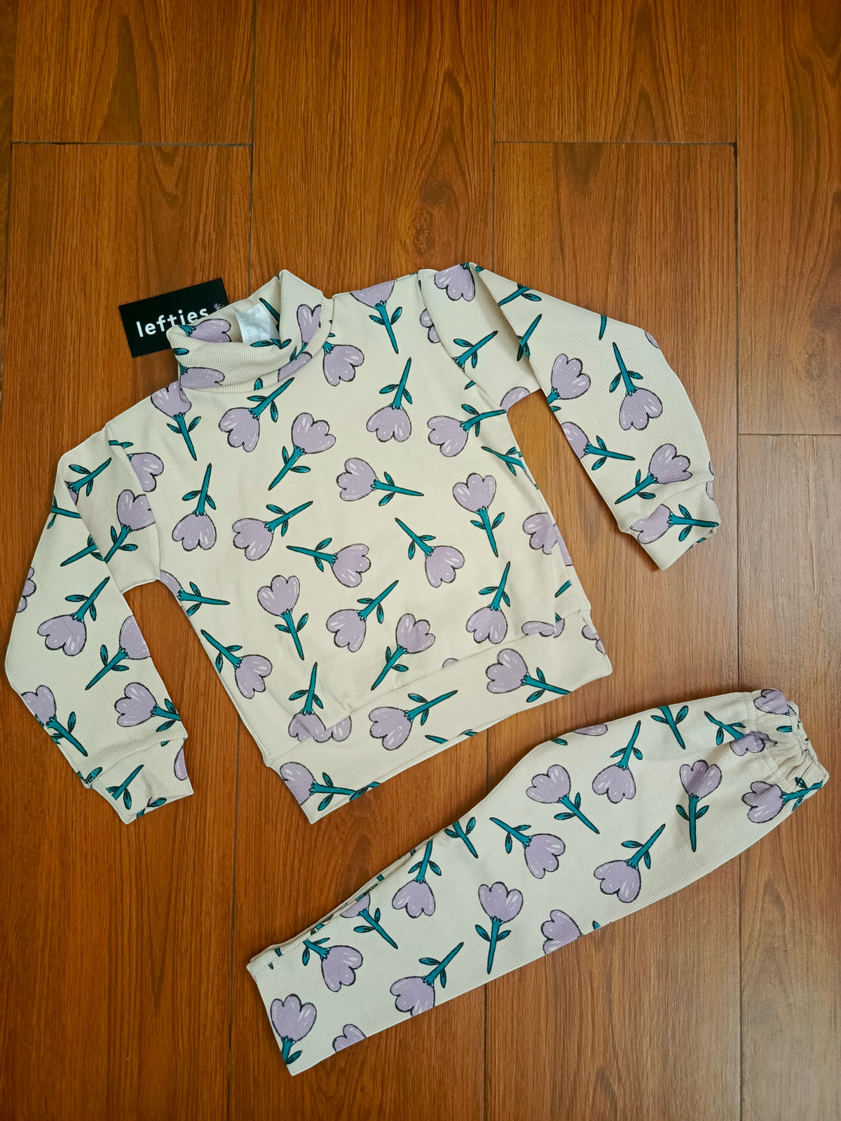 Cream purple flower hineck tracksuit