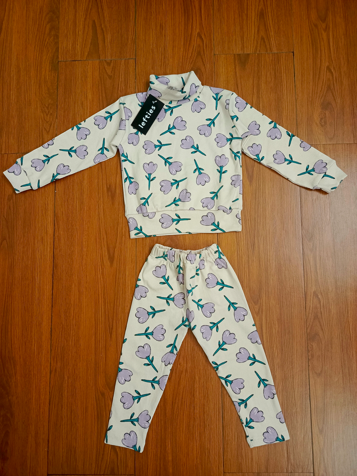 Cream purple flower hineck tracksuit