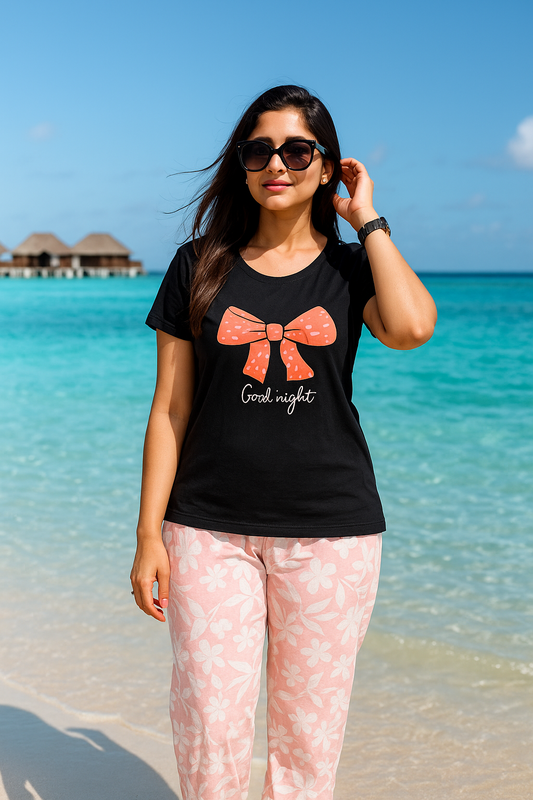 Black bow floral lounge wear suit