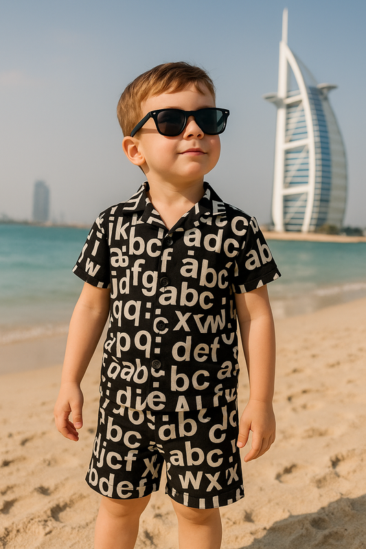 Black white writing linen suit