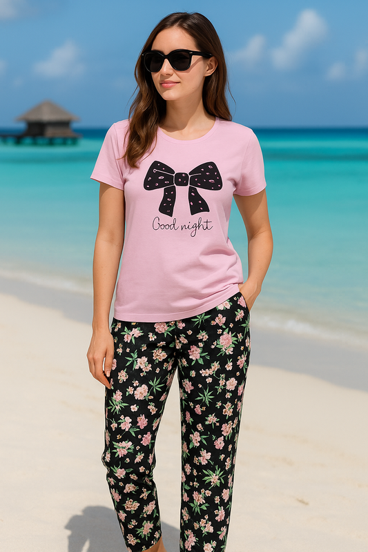 Pink black flower lounge wear suit