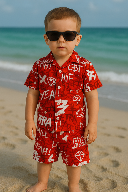 Red writing linen suit