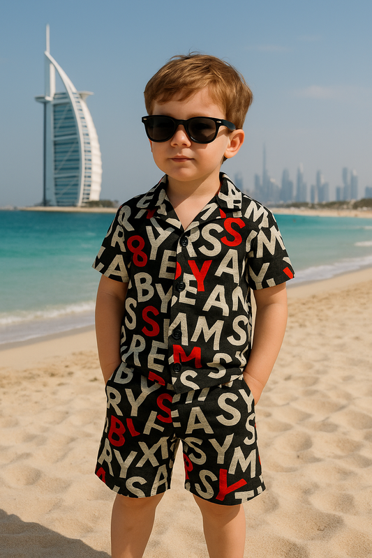 Red white writing linen suit