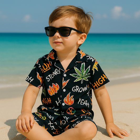 Black beach print linen suit
