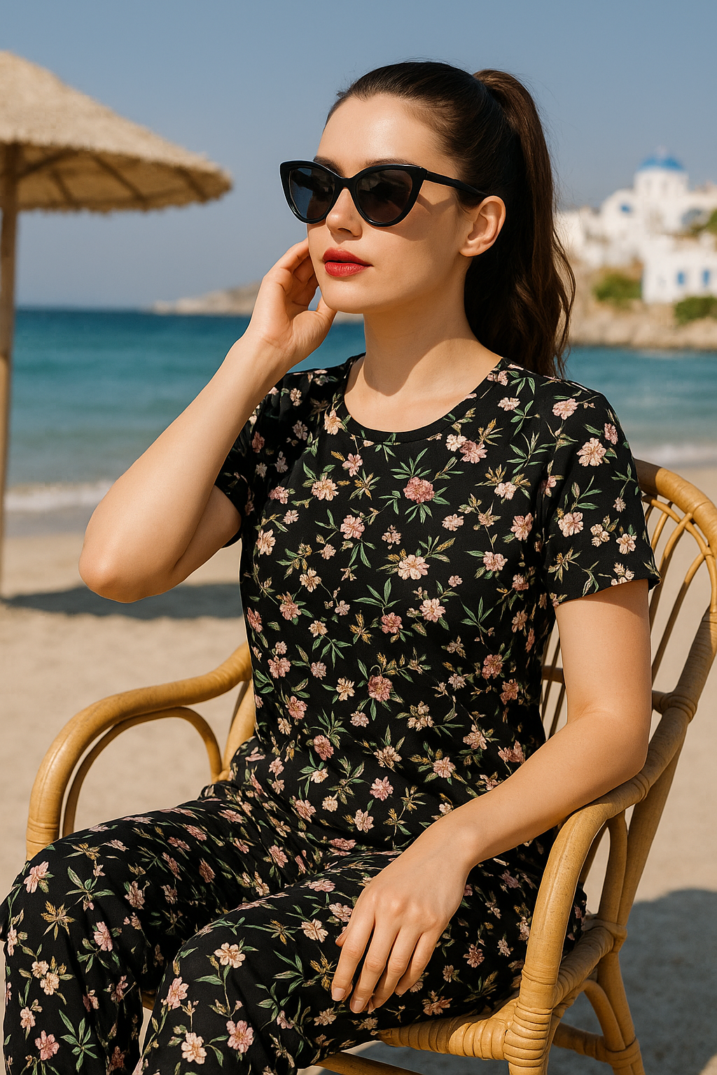 Black flower ladies lounge wear suit