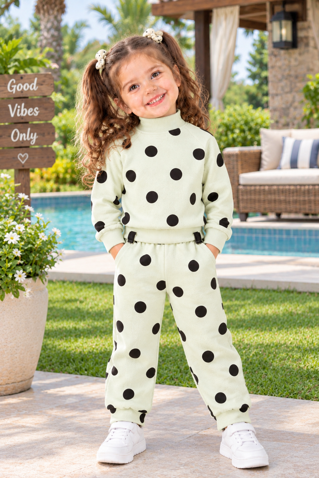 Off white polka hineck suit